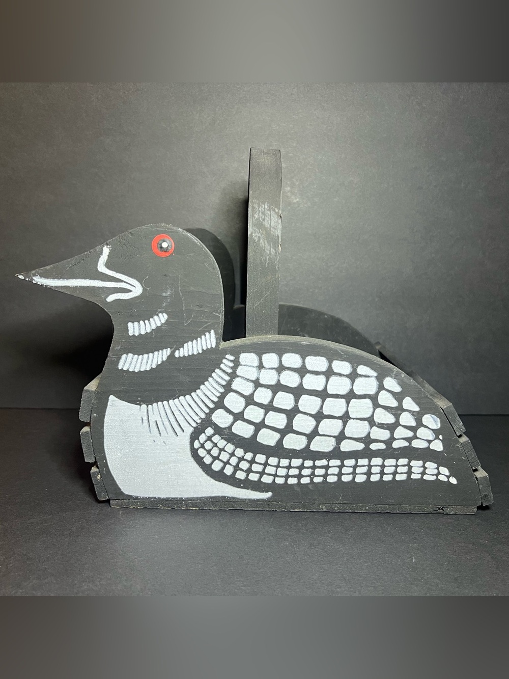 Vintage OOAK Decorative Handmade Wooden Black & White Loon Bird Basket w/ Handle